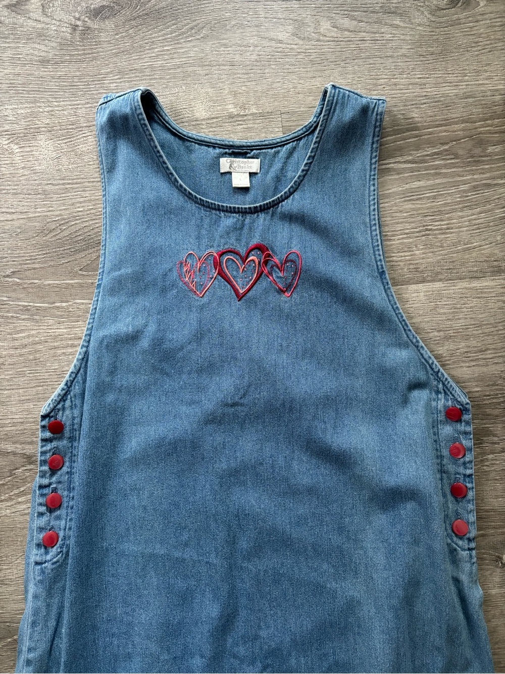 Christopher & Banks Denim Maxi Dress with Red Heart Embroidery
